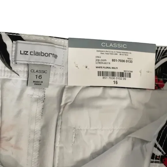 Liz Claiborne Tropical Print Shorts White Classic Belted Plus Size 16 Summer NWT - Picture 3 of 6